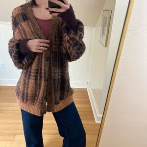 Free People Plaid Cardigan in Brown and Purple